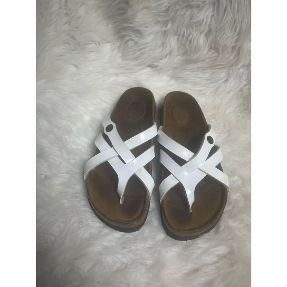 Bertula by Birkenstock White Patent Strappy Slide Sandals EUR SZ36